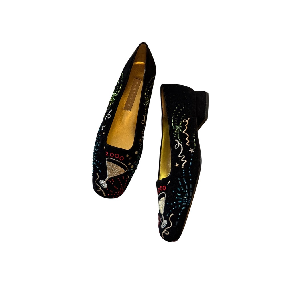 Vintage 2000 Millennium Beaded Velvet Loafers Black Gold Womens 6.5 M